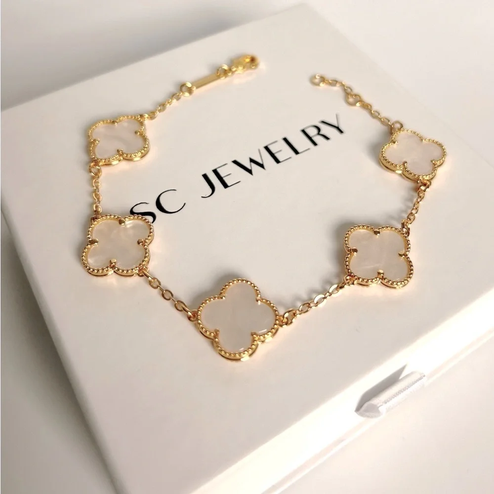 Clover Bracelet Mother of Pearl 14k Gold Plated Luxury Bracelet - Picture 3 of 11